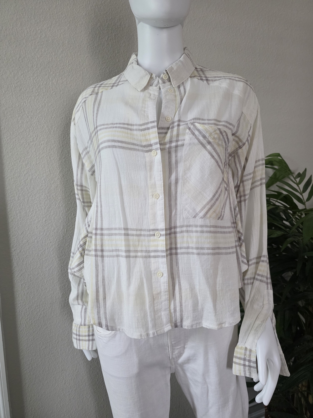 Free People "Cutie" Plaid Button Down Shirt in Cream and Taupe/yellow - Size M